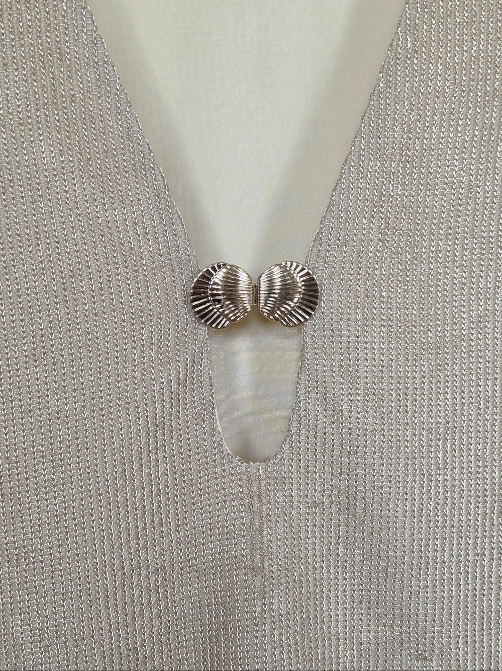 Metallic Knit Mini Dress with Decorative Shell Clasp - Picture 2 of 7